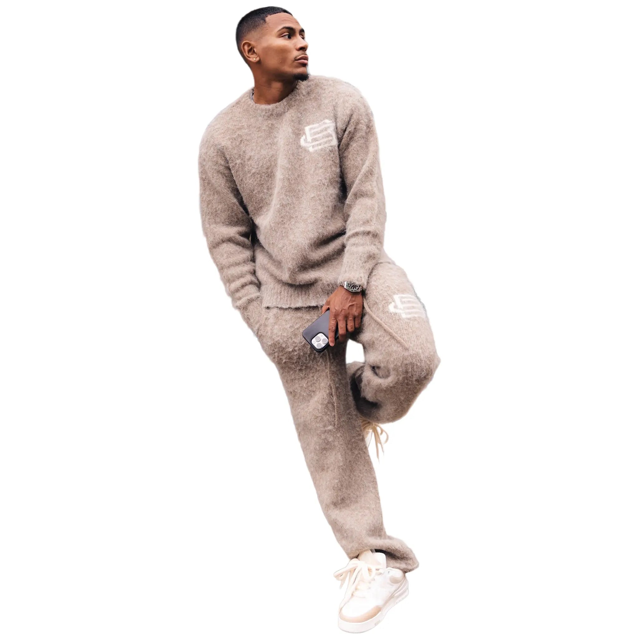 Front Side View of Bénir Clothing Mohair Knit BC Taupe Sweatshirt MOJUMPTAP